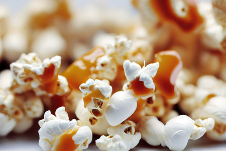 Beautiful white grains of caramel popcorn with caramel dropsの素材