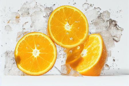 Fresh cut oranges in orange splash against background of ice and splashesの素材