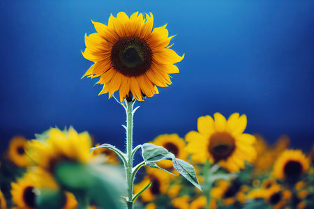 Thin light green stems with leaves hold bright yellow sunflower headsの素材