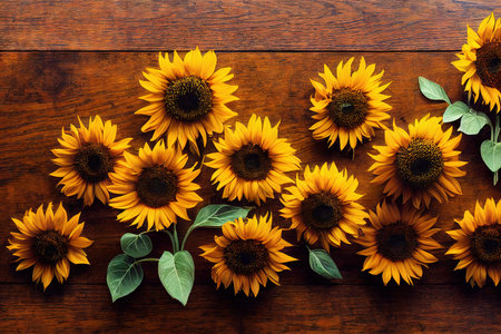 Small sunflowers lying close to each other on wooden backgroundの素材