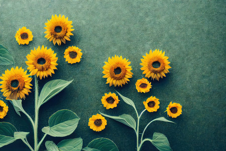 Beautiful composition of natural sunflowers laid out on green backgroundの素材