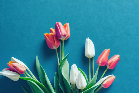 Bright red pink tulip flower buds for postcard on turquoise backgroundの素材
