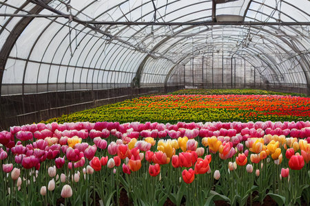 Greenhouse planted with multi-colored tulip flower for spring holidayの素材