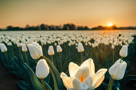 Illuminated by sunset delicate white tulip flower in open fieldの素材