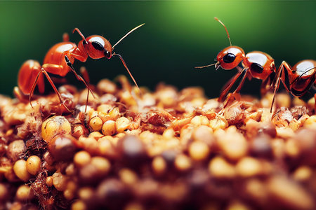 Large red ants crawl across tree in search of foodの素材