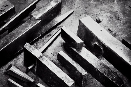 Parts of anvil with smooth edges lying on table in black gray tonesの素材