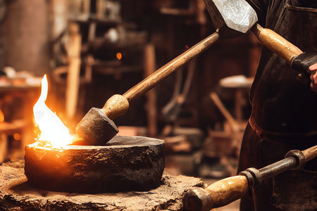 Flame burning on anvil to process hot steel and ironの素材