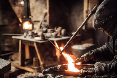 Strong blacksmith processing metal on anvil and working with fireの素材