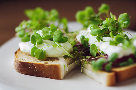 Vegetarian Italian bruschetta with cottage cheese and herbs on white plateの素材