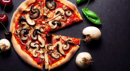 Beautiful pizza on black table with bells and tomato sauceの素材