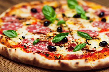 Fast food Italian pizza with olives, basil cheese and tomato sauceの素材