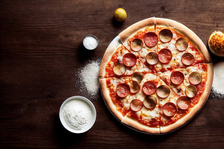 Cooking pizza with meat sausage flour product flour on wooden dark tableの素材