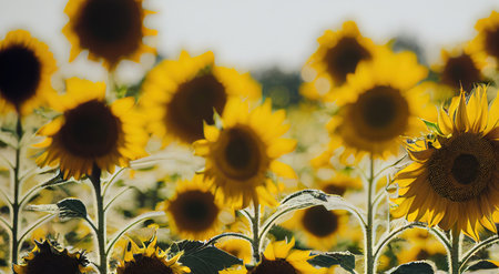 Straw yellow sunflower heads rise on thin leg above clearing of flowersの素材