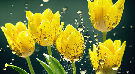 Open tulip flower buds in water splashes on green backgroundの素材