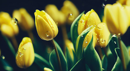 Yellow tulip flower buds with leaves on dark green backgroundの素材