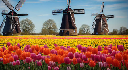 Flowering fields of tulip flower against background of sky and millの素材