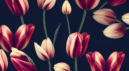 Bright tulip flower with thin stems without leaves on dark backgroundの素材
