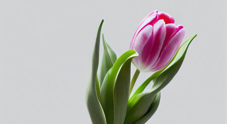Delicate white pink tulip flower bud framed by light green leavesの素材