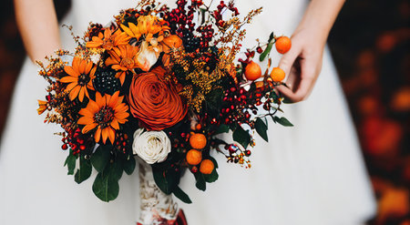 Bright wedding bouquets for bridesmaids and bridesmaids with orange flowersの素材