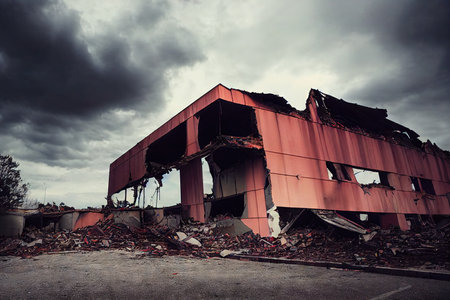 Walls of destroyed industrial buildings on empty garbage siteの素材