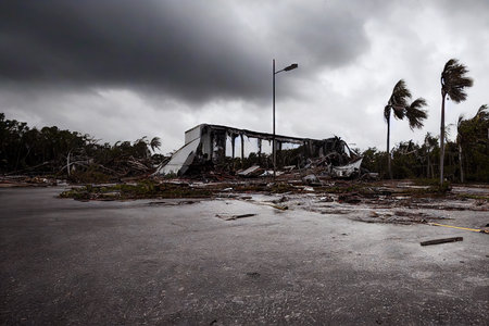 Destroyed industrial buildings and empty terrain after natural disasterの素材
