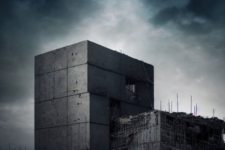Gloomy ruined factory structures and destroyed industrial buildingsの素材