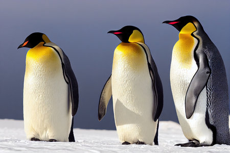 Emperor penguins on brilliant snow on dark blue backgroundの素材