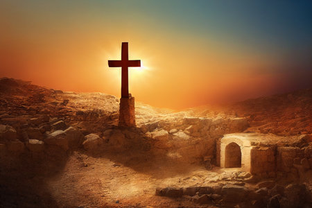 Christian crosses on empty tomb in old abandoned cemeteryの素材