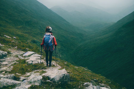 Woman engaged in hiking travel and stands against backdrop of green mountainsの素材