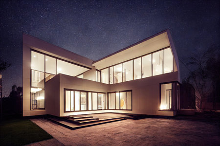 Large bright modern house exterior with wide entranceの素材