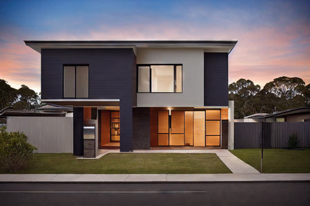 Modern house exterior with garage and design in dark gray colorの素材