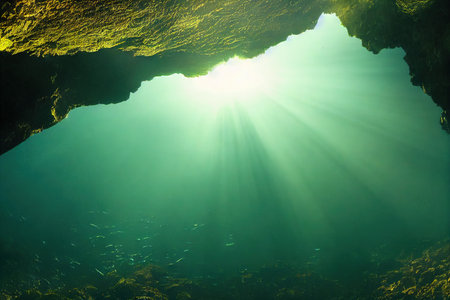 Green seabed underwater cave illuminated by sunの素材