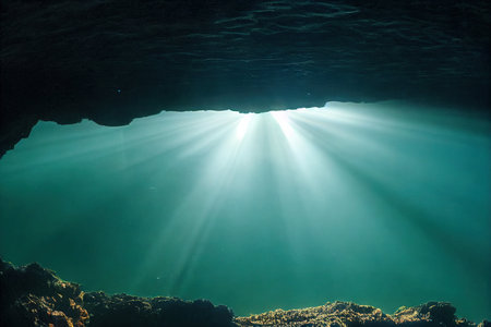Rocks and sun underwater at depth in underwater caveの素材