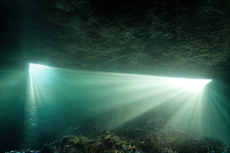 Deep ocean diving underwater cave seascapeの素材
