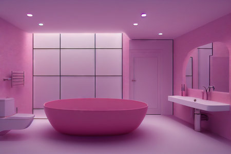Original bathroom interior in bright pink tones with round plumbingの素材