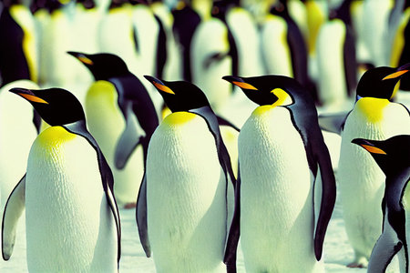 Group of funny emperor penguins stands in snow and looks one wayの素材
