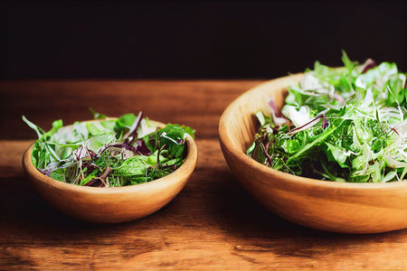 Fresh green salad stands on table in beautiful bowlの素材