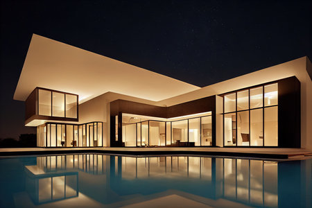 Expensive modern house exterior in beige brown tones and comfortable swimming poolの素材