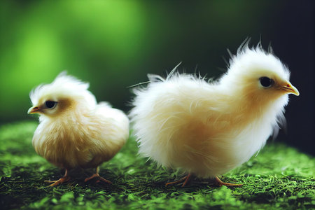 Cute fluffy chicken hatching from egg on green backgroundの素材
