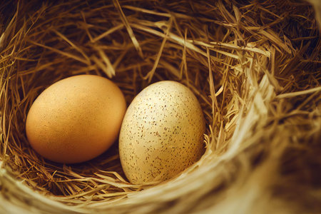 Large beige eggs lying on hay and chicken hatching from eggの素材
