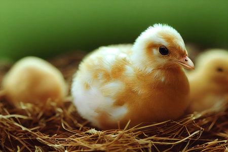 Funny yellow chicken hatching from egg sitting on straw on green backgroundの素材