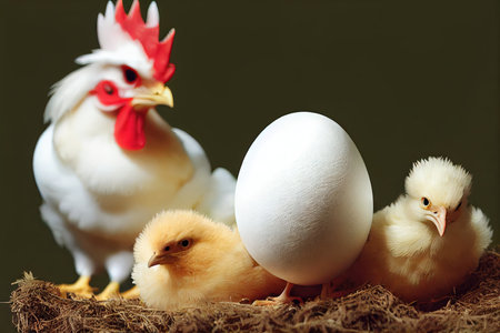 Chicken in nest and chicken hatching from eggの素材