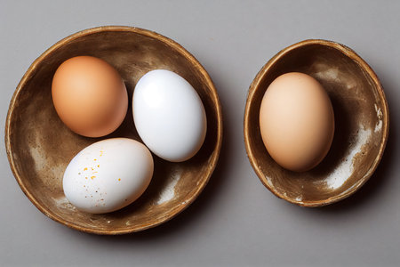 Smooth eggs in bowl and chicken hatching from eggの素材