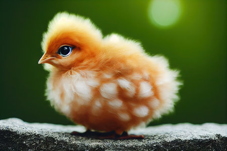 Funny yellow chicken hatching from egg sitting on straw on green backgroundの素材