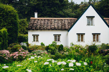 Real estate in Cozy house exterior with large overgrown gardenの素材