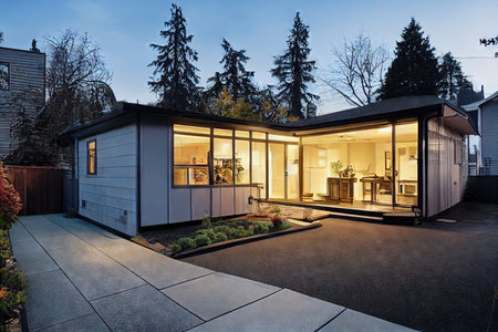 Small cottage outside town with Cozy house exterior and lawnの素材