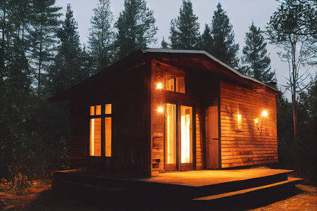 Wooden cozy house exterior in suburbs against background of winter forestの素材