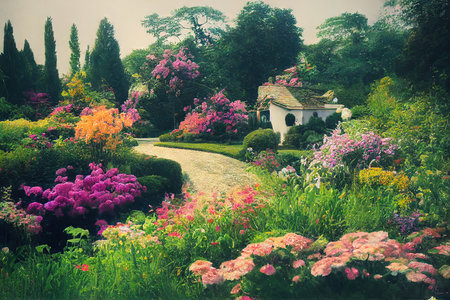 Real estate in Cozy house exterior with large overgrown gardenの素材