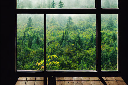 Cozy house exterior with gorgeous view from window to landscapeの素材