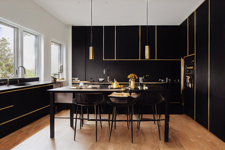 Light beige home kitchen interior with dark brown furnitureの素材